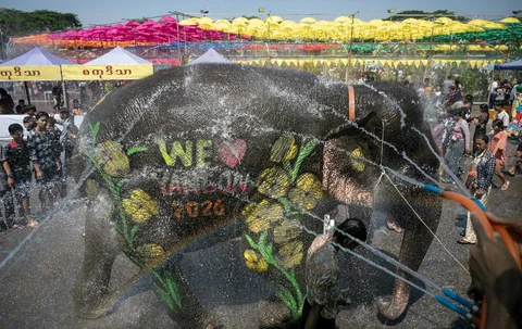 Warga bersama  gajah yang dihias disiram air  saat kegiatan  festival air Tahun Baru Buddha Myanmar, yang juga dikenal sebagai Thingyan, di Yangon, Myanmar, Senin (13/04/2026).