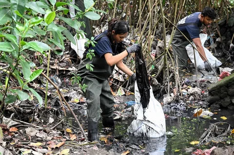 Warga membersihkan sampah plastik di area hutan bakau sebagai bagian dari kampanye kebersihan di Desa Serangan, Denpasar, Bali, Rabu (14/04/2026).