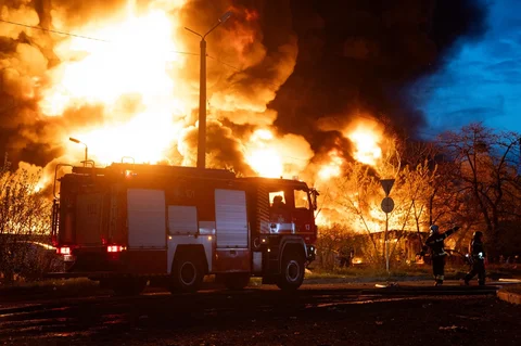 Petugas pemadam kebakaran memadamkan api di lokasi daur ulang material setelah serangan Rusia di Kyiv, Ukraina, Kamis (16/04/2026).