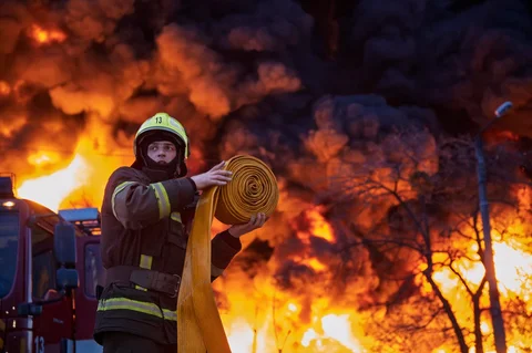Petugas pemadam kebakaran memadamkan api di lokasi daur ulang material setelah serangan Rusia di Kyiv, Ukraina, Kamis (16/04/2026).