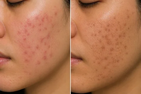 Ilustrasi masalah bekas jerawat Post-Inflammatory Erythema dan Post-Inflammatory Hyperpigmentation.