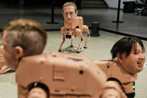 Robot-robot yang menyerupai Mark Zuckerberg (tengah) dan Kim Jong Un (kanan) dipajang dalam instalasi berjudul Regular Animals karya seniman Beeple, Mike Winkelmann, di museum Neue Nationalgalerie di Berlin, Jerman, Selasa, (28/04/2026).