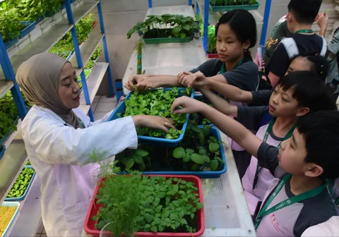 Siswa Life Community School  belajar tentang  sistem pertanian hidroponik di Ladang Farm, Lebak Bulus, Jakarta, Kamis (30/04/2026).