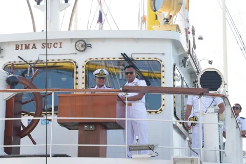 Kapal layar latih TNI Angkatan Laut KRI Bima Suci tiba dan bersandar di Dermaga Changi Naval Base, Singapura,, Kamis (30/04/2026).