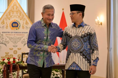 Menteri Luar Negeri Sugiono bersalaman dengan   Menteri Luar Negeri Singapura Vivian Balakrishnan  saat pertemuan bilateral di Gedung Pancasila, Kementerian Luar Negeri, Jakarta, Selasa (12/05/2026).