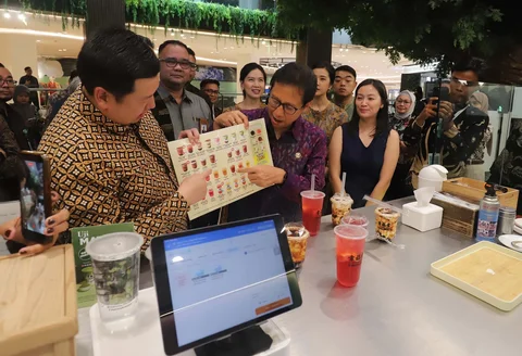 Menteri Kesehatan Budi Gunadi Sadikin saat kegiatan sosialisasi kebijakan pencantuman label nutrisi &ldquo;Nutri-Level&rdquo; pada produk minuman di Jakarta, Selasa (12/5/2026).