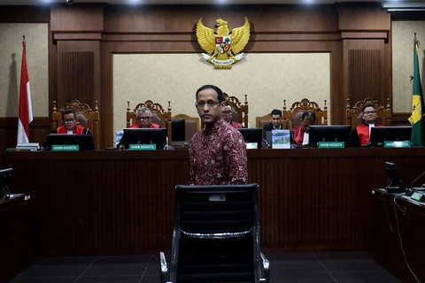Mantan Menteri Pendidikan dan Kebudayaan era Presiden ke-7 RI Nadiem Anwar Makarim saat mengikuti sidang tuntutan di Pengadilan Tipikor, Jakarta, Rabu (13/05/2026).