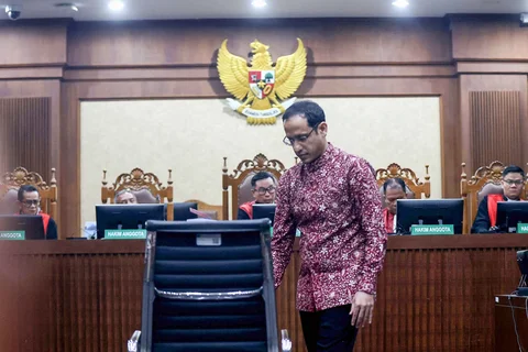 Mantan Menteri Pendidikan dan Kebudayaan era Presiden ke-7 RI Nadiem Anwar Makarim saat mengikuti sidang tuntutan di Pengadilan Tipikor, Jakarta, Rabu (13/05/2026).