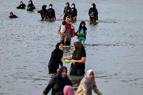 Warga berendam sambil mencari kerang di muara pelabuhan kawasan Lampulo, Banda Aceh, Jumat (15/05/2026).