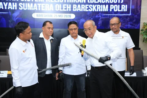 Konferensi Pers Hasil Investigasi Awal Blackout Sumatra di Bareskrim Polri, Jakarta, Senin (25/5).