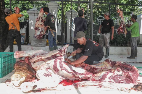 Petugas memotong  daging sapi kurban di Masjid Sunda Kelapa, Jakarta, Rabu (27/5/2026).