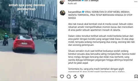 viral pria nyangkut di kap mobil merah