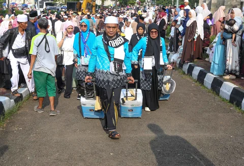 Jamaah haji saat tiba di Aula Kantor Bupati, Kabupaten Bogor, Jawa Barat, Jumat (08/05/2026).