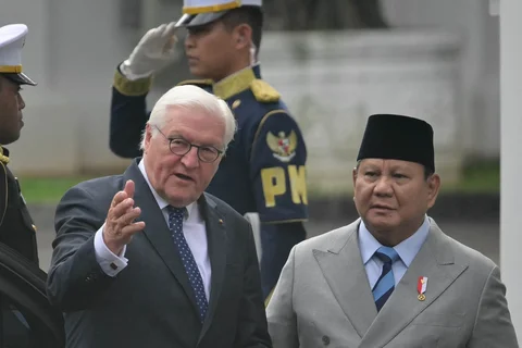 Presiden Prabowo Subianto saat menyambut Presiden Jerman Frank Walter Steinmeier di Istana Merdeka, Jakarta, Senin (15/6/2026).