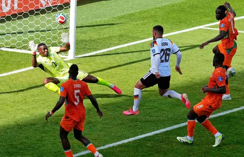 Pemain Jerman Deniz Undav mencetak gol selama pertandingan sepak bola Grup E Piala Dunia antara Jerman dan Pantai Gading di Toronto, Sabtu, (20/06/2026).