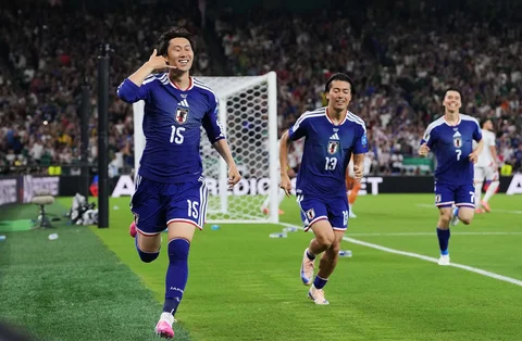 Pemain Jepang Daichi Kamada merayakan gol pertama timnya melawan Tunisia selama pertandingan sepak bola Grup F Piala Dunia di Guadalupe, dekat Monterrey, Meksiko, Sabtu (20/06/2026).