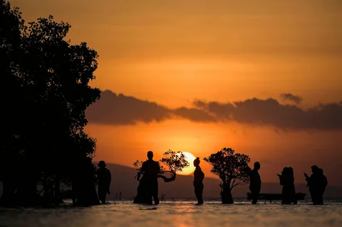 Warga berdiri di air dekat pohon bakau saat matahari terbenam di pantai Walakiri di Waingapu, Sumba Timur, Nusa Tenggara Timur, Rabu (24/06/2026).