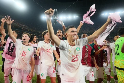 Para pemain Maroko merayakan kemenangan setelah pertandingan sepak bola babak 32 besar Piala Dunia antara Belanda dan Maroko di Guadalupe, dekat Monterrey, Meksiko, Senin (29/06/2026).
