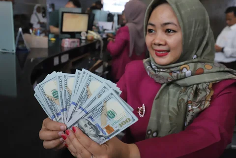 Karyawan menghitung mata uang Dolar AS di VIP Money Changer, Jakarta, Jumat (05/06/2026).