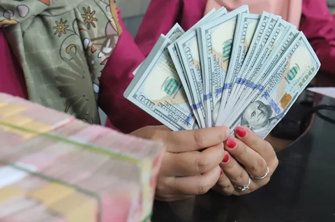 Karyawan menghitung mata uang Dolar AS di VIP Money Changer, Jakarta, Jumat (05/06/2026).