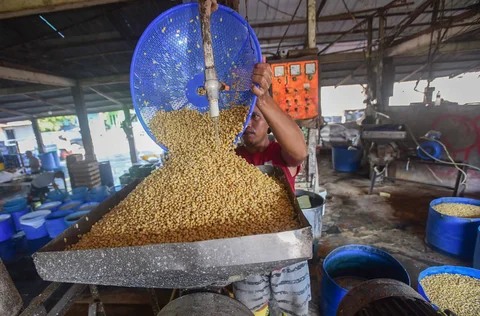 Pekerja menyelesaikan pembuatan tahu di salah satu sentra produksi kawasan Pasir Putih, Depok,  Jawa Barat, Senin  (08/06/2026).