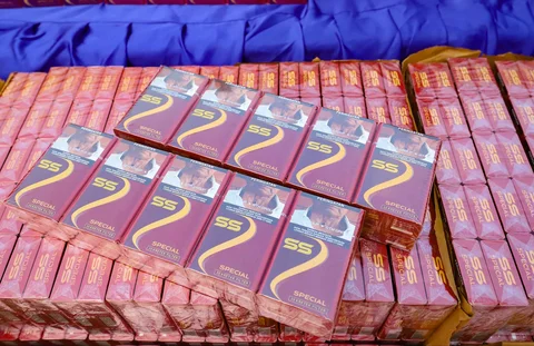 Barang bukti rokok ilegal di Kantor Pusat DJBC, Jakarta, Selasa (09/06/2026).