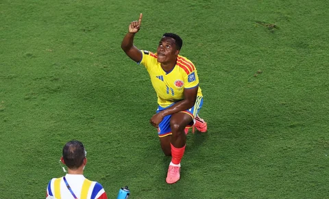Pemain Kolombia Jhon Arias merayakan gol pertama timnya selama pertandingan babak 32 besar Piala Dunia FIFA 2026 antara Kolombia dan Ghana di Stadion Kansas City di Kansas City, Missouri, Jumat (03/07/2026).
