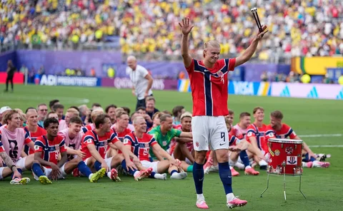 Pemain Erling Haaland usai pertandingan sepak bola babak 16 besar Piala Dunia antara Brasil dan Norwegia di East Rutherford, N.J., dekat New York, Minggu, 5 Juli 2026.