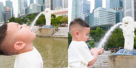 Pose Rayyanza di Depan Patung Merlion Bikin Netizen Ngakak: Wudhu Aja Sampai Singapore!