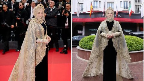 6 Detail Outer dan Veil Emas yang Dikenakan Syahrini di Hari ke-2 Festival Film Cannes, Memesona
