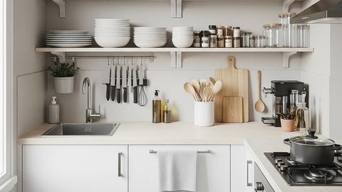 7 Desain Dapur Kecil dengan Rak Terbuka Tetap Terlihat Rapi dan Luas Bergaya Minimalis