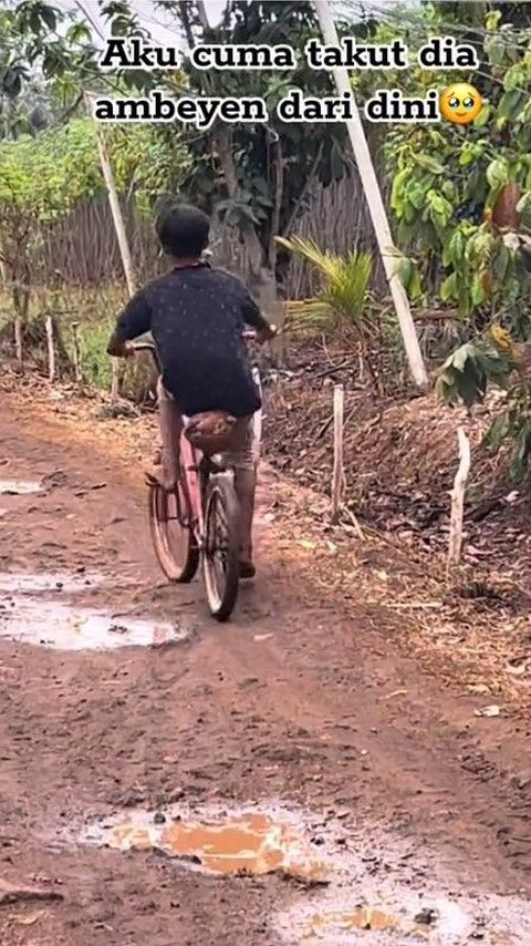 Momen Pilu Bocah Naik Sepeda Usang, Kelapa Kering Terpaksa Jadi Pengganti Sadel