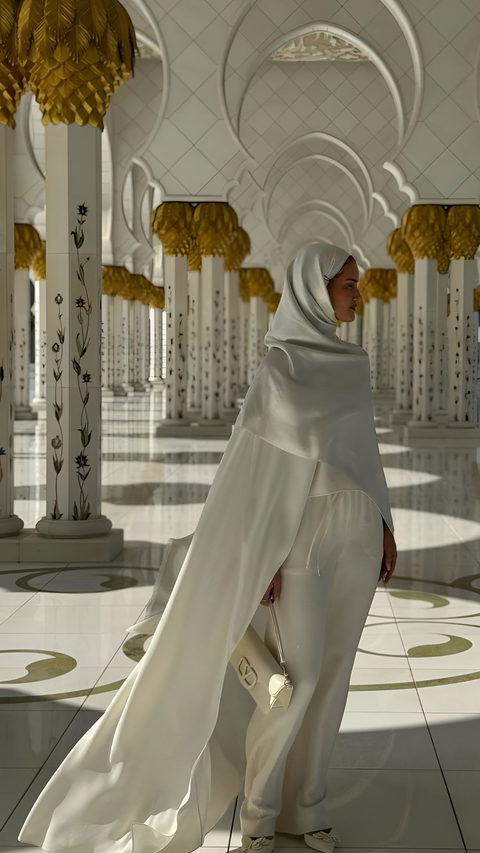 Portrait of Actress Rosie Huntington in White Hijab at the Grand Mosque Centre, Abu Dhabi