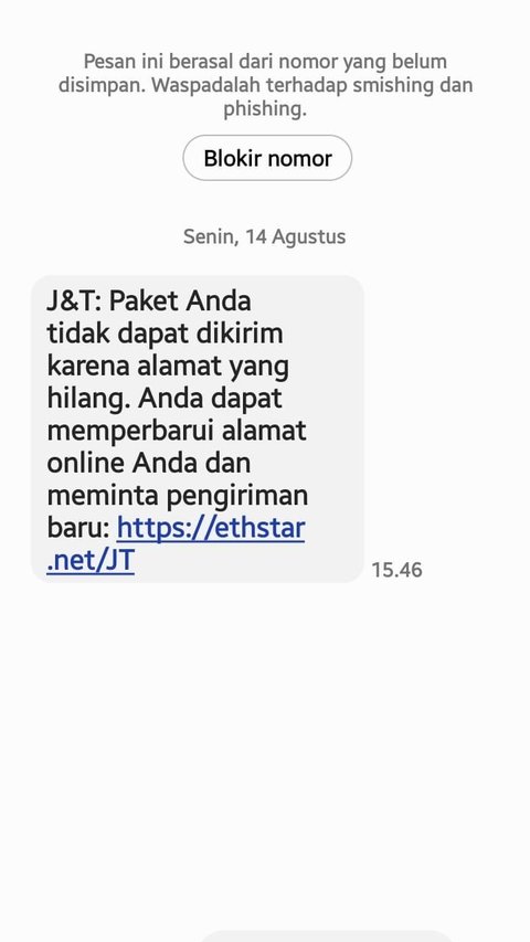 CEK FAKTA: SMS Paket J&T Express Tak Bisa Dikirim Gara-Gara Alamat Hilang, Minta Kirim Uang