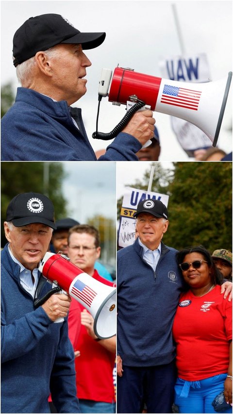 FOTO: Demo Bareng Pekerja di Michigan, Joe Biden Ikut Menyuarakan Kenaikan Gaji dan Tunjangan di Depan Pabrik Otomotif
