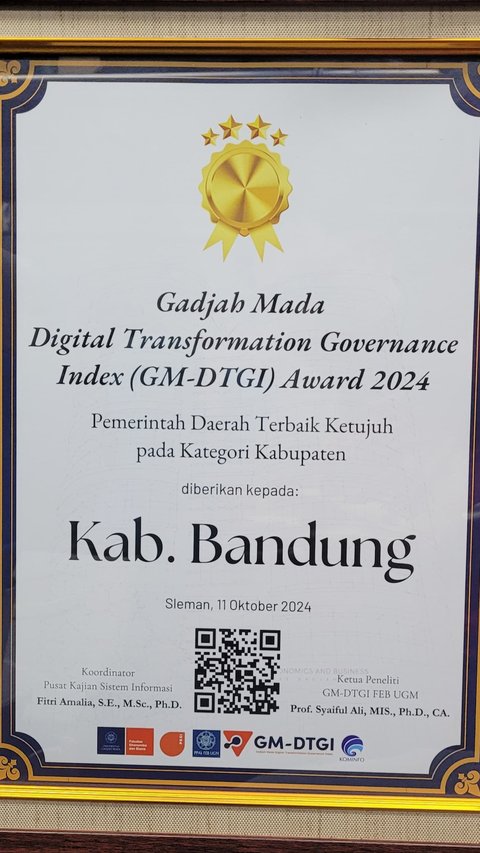 Di Ajang GM-DTGI Award 2024, Pemkab Bandung Raih Penghargaan Pemerintah Daerah Terbaik