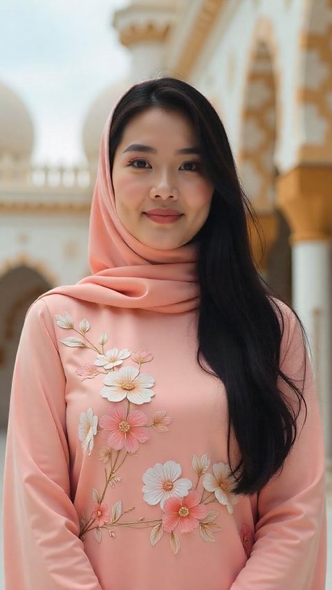 Tren Baju Gamis Warna Peach Blossom untuk Lebaran 2025, Elegan dan Anggun Penuh Bunga