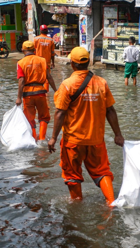 FOTO: Aksi Petugas PPSU Berjibaku Bersihkan Sampah Banjir Rob di Muara Angke