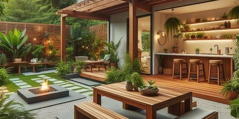 Desain Dapur Terbuka dengan Taman di Belakang Rumah, Fungsional, Estetik dan Asri