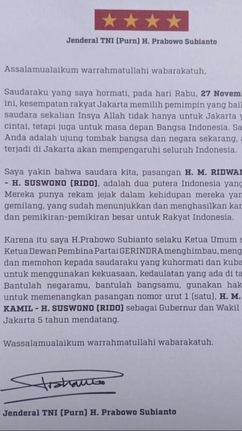 Beredar Surat Prabowo Ajak Warga Jakarta Pilih Ridwan Kamil-Suswono di Masa Tenang, Gerindra Buka Suara