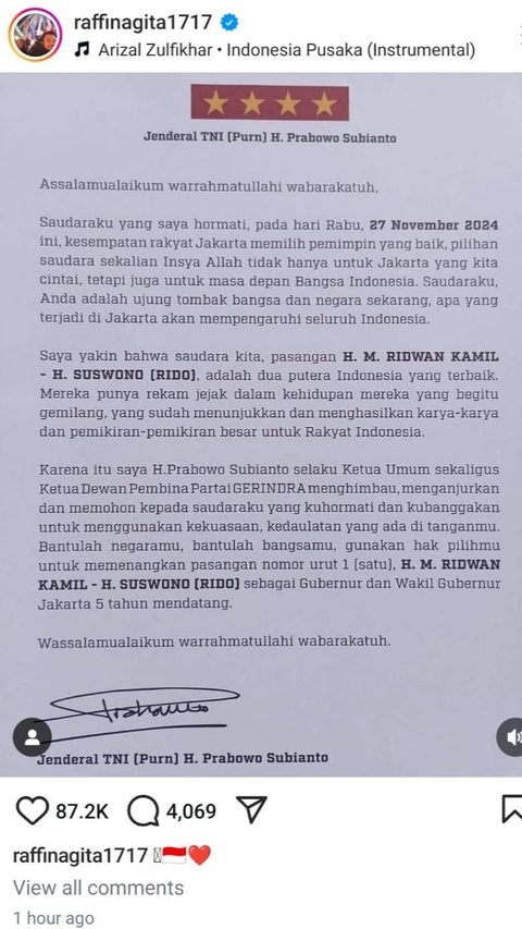 Gerindra Bela Raffi Ahmad soal Surat Prabowo Endorse RK-Suswono Diunggah saat Masa Tenang Pilkada Jakarta