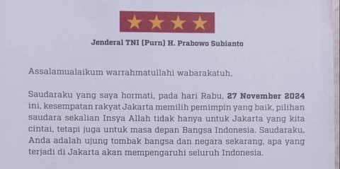 VIDEO: Kop Surat Bintang Empat Disorot, Prabowo Ajak Warga Jakarta Pilih RK Suswono