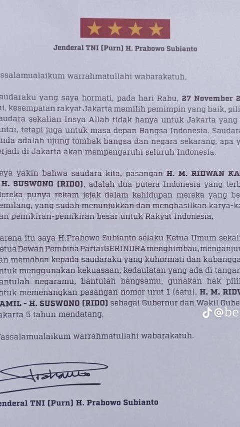 VIDEO: Kop Surat Bintang Empat Disorot, Prabowo Ajak Warga Jakarta Pilih RK Suswono