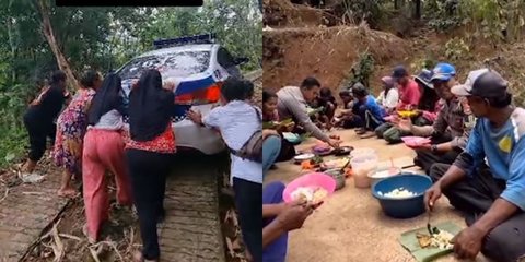 Bawa Mobil Patwal ke Perkampungan, Polisi Ini Bagikan Makan Siang Sederhana buat Para Petani 'Matur Nuwun ya Allah'