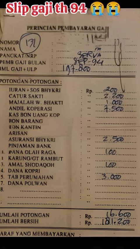 Foto Langka Slip Gaji Polisi Tahun 1994, Pendapatan Tak Seberapa Tapi Banyak Potongannya