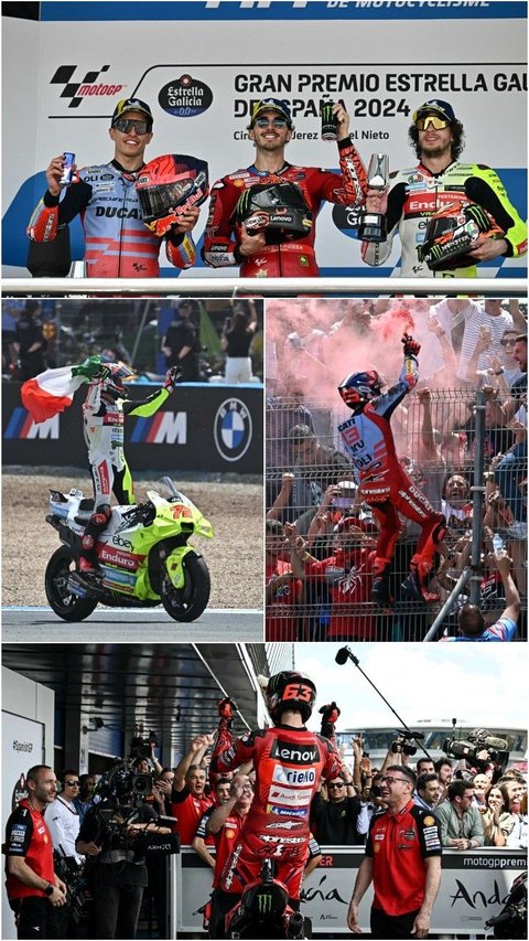 FOTO: Pesta Podium Pecco, Marquez dan Bezzecchi Rayakan Kemenangan Usai Tampil Sengit di MotoGP Spanyol 2024