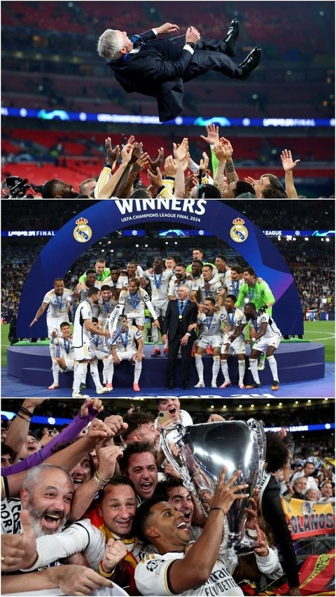FOTO: Euforia Real Madrid Juara Liga Champions 2023/2024, Mulai Angkat Trofi hingga Lempar Pelatih Carlo Ancelotti ke Udara