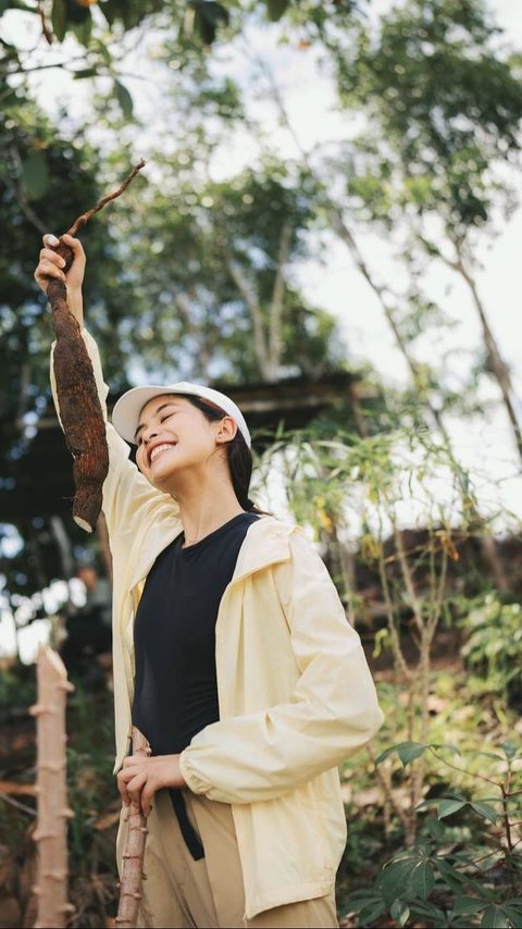 8 Potret Maudy Ayunda Panen Singkong dan Meramban Daun di Hutan Kalimantan