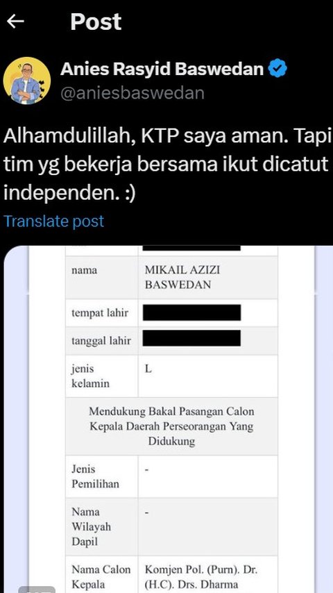 Dukcapil Buka Suara Terkait KTP Dua Putra Anies Baswedan Dicatut Dukung Calon Independen Pilgub Jakarta Dharma Pongrekun