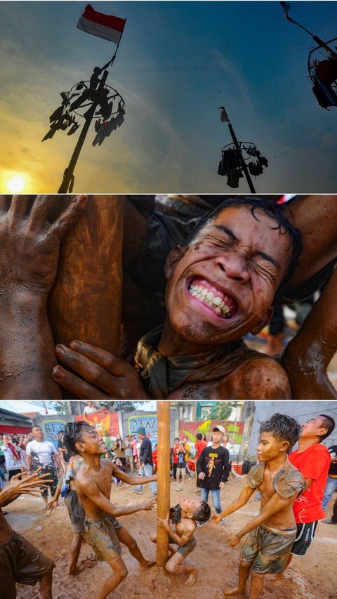 FOTO: Ragam Ekspresi Peserta Panjat Pinang Meriahkan Peringatan HUT RI di Tangerang Selatan